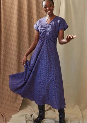 Caron CallahanVeda Dress - Cerulean Puckered Mini Plaid