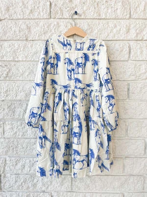 Pink ChickenKids Pink Chicken GIRLS CHARLIE DRESS - BLUE HORSES - Image 3