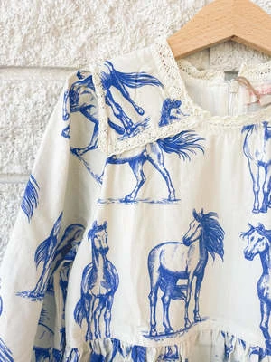 Pink ChickenKids Pink Chicken GIRLS CHARLIE DRESS - BLUE HORSES - Image 4