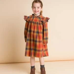 Beet WorldKids Beet World Long Sleeve Plaid Flannel Dress - Orange Check