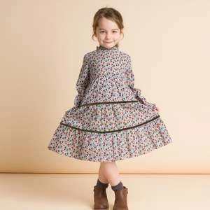 Beet WorldKids Beet World Long Sleeves Tiered Skirt Dress With Velvet Trim - Blue/Mustard