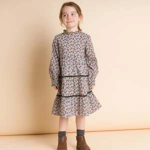 Beet WorldKids Beet World Long Sleeves Tiered Skirt Dress With Velvet Trim - Blue/Mustard - Image 3