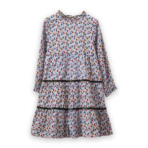 Beet WorldKids Beet World Long Sleeves Tiered Skirt Dress With Velvet Trim - Blue/Mustard - Image 2