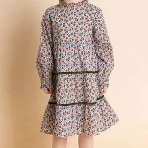 Beet WorldKids Beet World Long Sleeves Tiered Skirt Dress With Velvet Trim - Blue/Mustard - Image 4