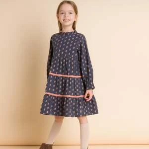 Beet WorldKids Beet World Long Sleeves Tiered Skirt Dress With Velvet Trim - Orange Floral