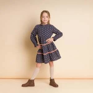 Beet WorldKids Beet World Long Sleeves Tiered Skirt Dress With Velvet Trim - Orange Floral - Image 3