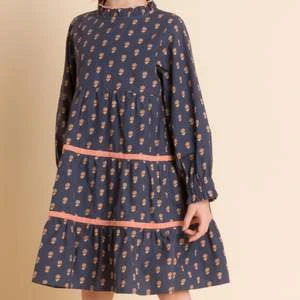 Beet WorldKids Beet World Long Sleeves Tiered Skirt Dress With Velvet Trim - Orange Floral - Image 6