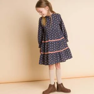 Beet WorldKids Beet World Long Sleeves Tiered Skirt Dress With Velvet Trim - Orange Floral - Image 4
