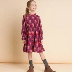 Beet WorldKids Beet World Long Sleeves Tiered Skirt Dress With Velvet Trim - Purple/Red