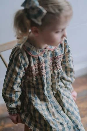 Little Cotton ClothesKids Little Cotton Clothes Kate Smocked Dress - Seersucker Gingham Fog - Image 2