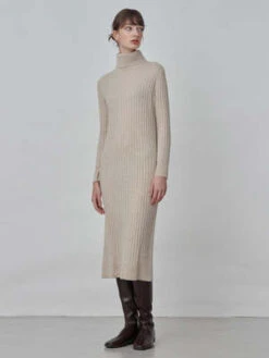 PureCashmere NYCRib Turtleneck Maxi Dress - Oatmeal