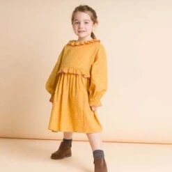 Beet WorldKids Beet World Ruffle Collar Long Sleeve Dress - Mustard/Pink
