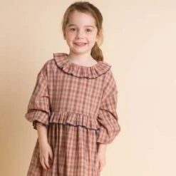Beet WorldKids Beet World Ruffle Collar Long Sleeve Dress - Red/Blue Check