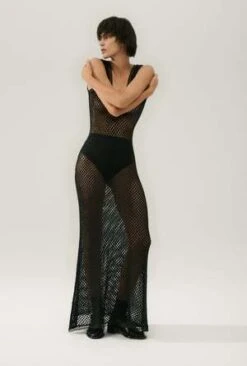 Silk LaundryCrochet Scoop Neck Dress - Black