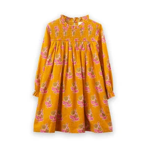Beet WorldKids Beet World Smocked Long Sleeve Dress - Mustard/Pink - Image 2