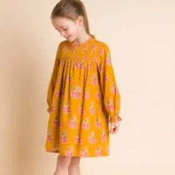 Beet WorldKids Beet World Smocked Long Sleeve Dress - Mustard/Pink