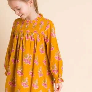 Beet WorldKids Beet World Smocked Long Sleeve Dress - Mustard/Pink - Image 4