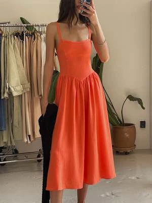 Sophie RueCoral Vida Linen Midi Dress - Coral Orange