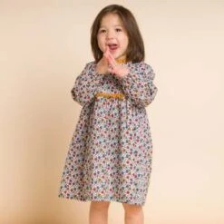 Beet WorldKids Beet World Long Sleeves Dress With Lace Trim - Mustard/Blue Floral