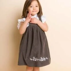 Beet WorldKids Beet World Pinafore Corduroy Dress With Embroidery - Gray/White