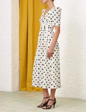ZimmermannV Neck Midi Dress - Cream/Black Dot - Image 3