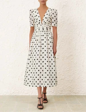 ZimmermannV Neck Midi Dress - Cream/Black Dot - Image 2